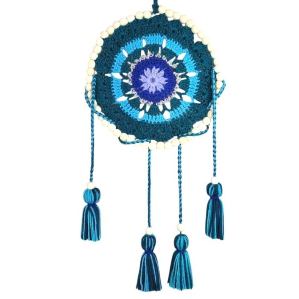 New Blue Crochet Mandala Wall Art Handmade Boho Decor with Tassels & Beads